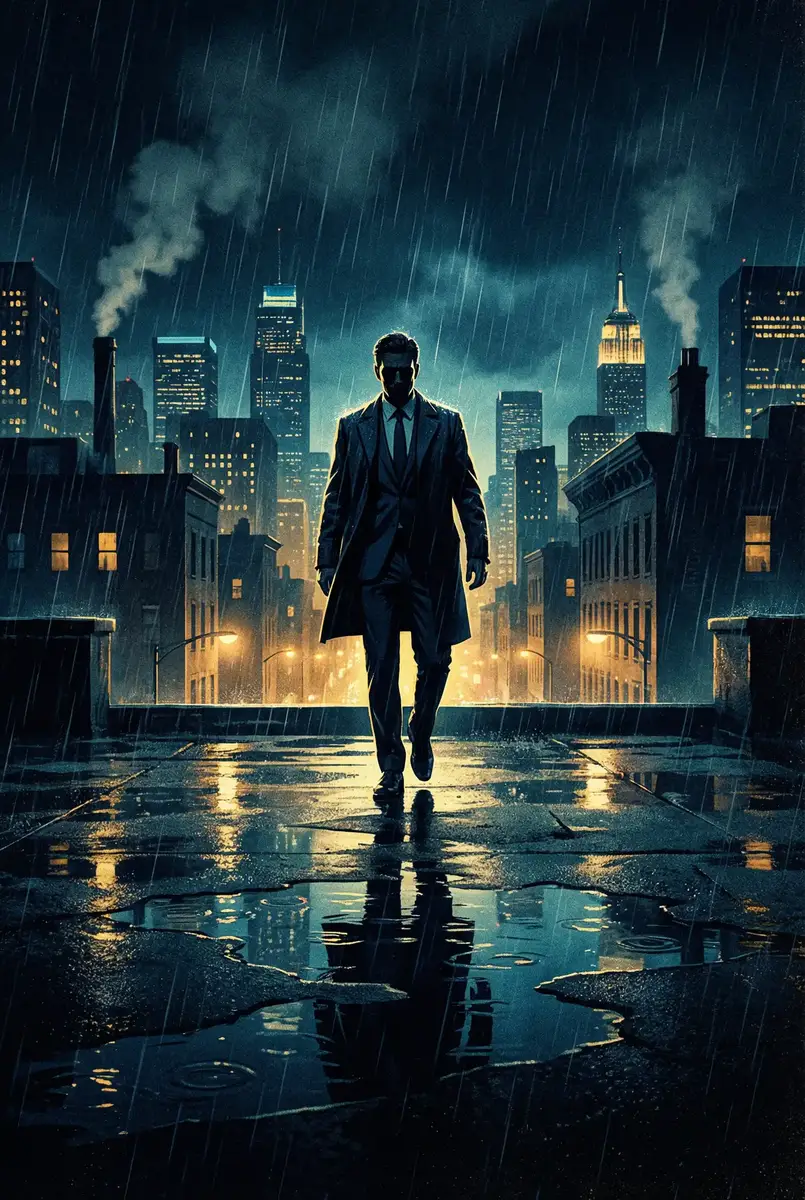 人形犬 出品影片《雨夜独行者》海报，雨中城市屋顶男性剪影